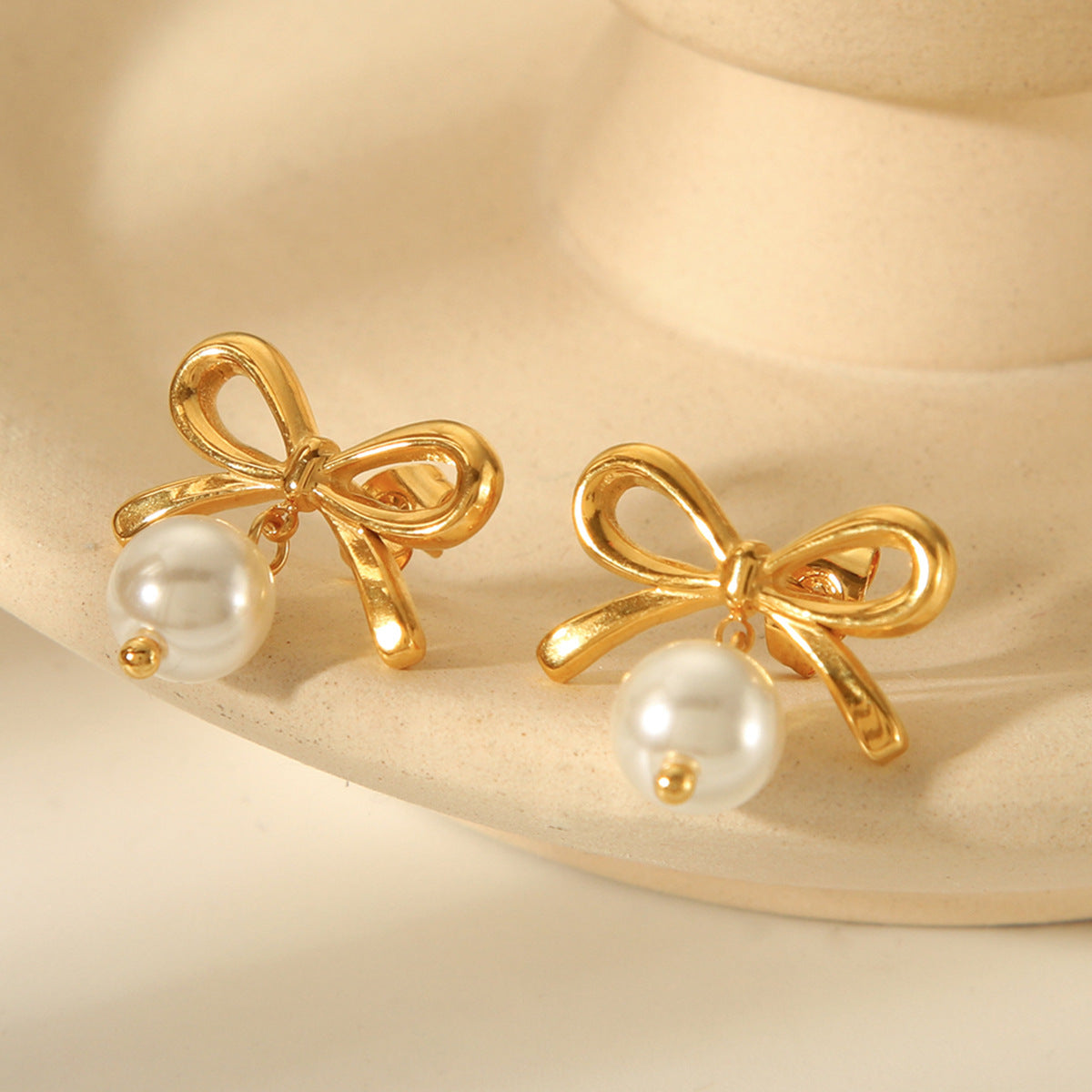Ins Style 18K Gold Plated Stainless Steel Bow Knot Pearl Drop Earrings for Women