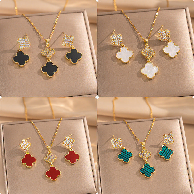 Set collana di lusso in acciaio al titanio geometrico con dettagli in strass micro-pavé e catena a maglie ovali per donna
