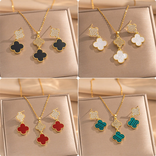 Luxury Geometric Titanium Steel Necklace Set with Micro-Pave Rhinestone Accents and O-Shape Chain for Women
