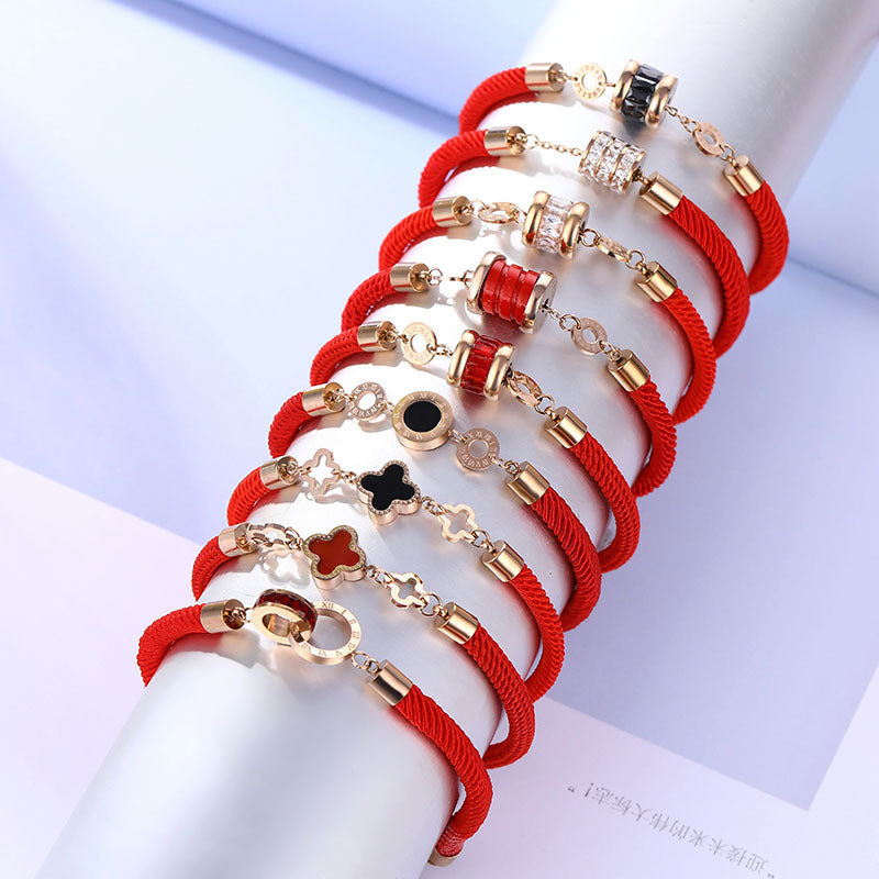 Bracciale da donna in stile geometrico in acciaio al titanio con cordino rosso, stile fattoria pastello