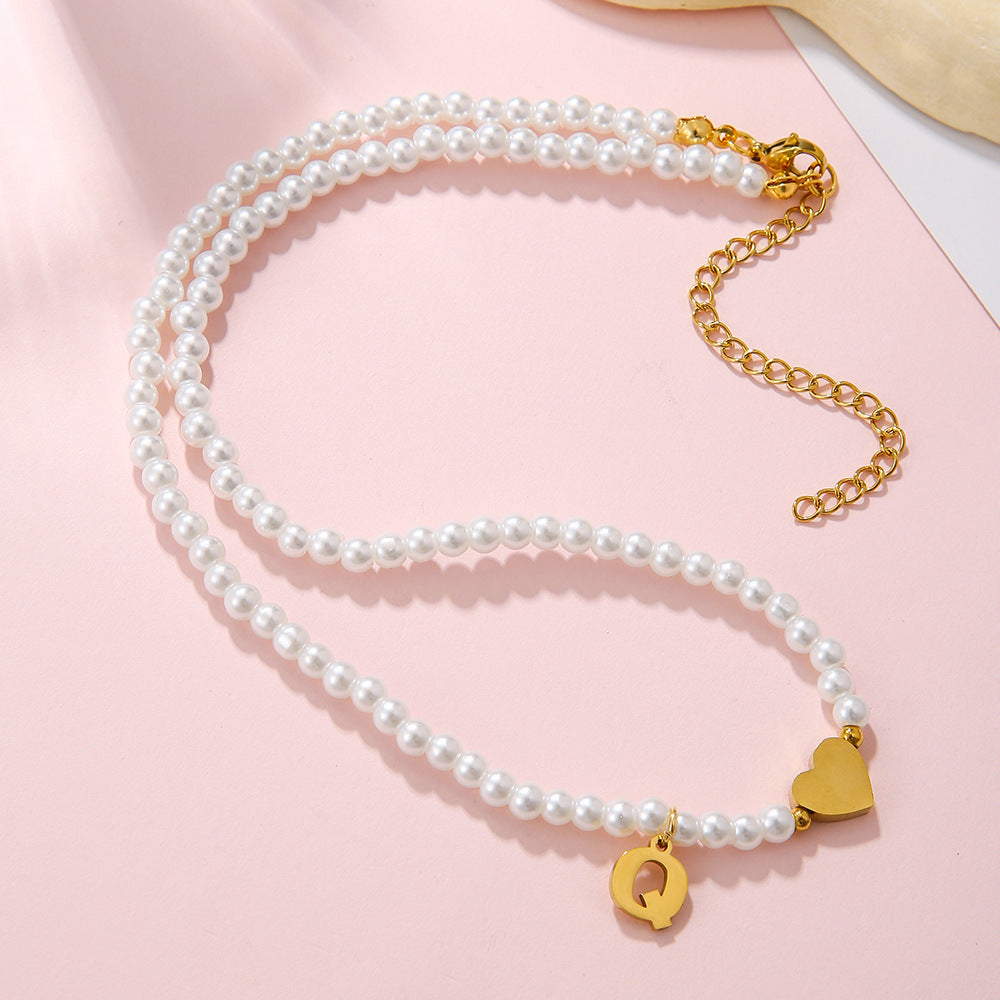 Minimalist Letter Heart Stainless Steel Pearl Necklace Women Cable Chain