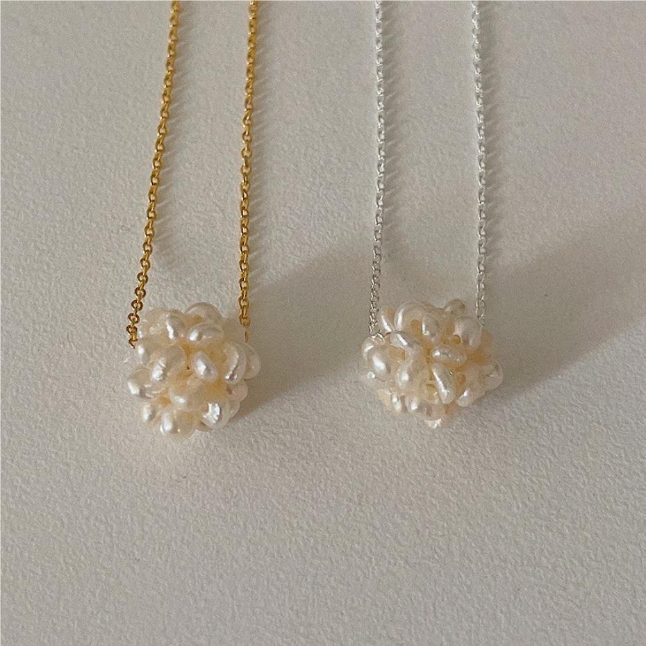 Minimalist Geometric Pearl Necklace in 925 Sterling Silver with Beaded Chain