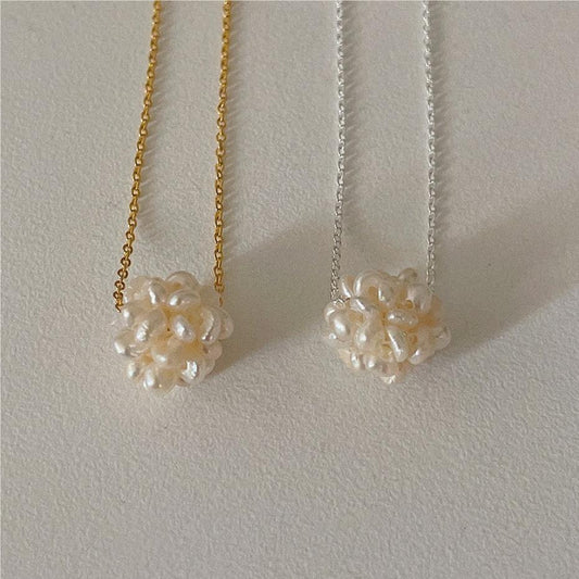 Minimalist Geometric Pearl Necklace in 925 Sterling Silver with Beaded Chain
