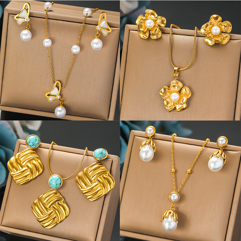 Vintage Floral Geometric Pearl Plated Stainless Steel Necklace Earring Set with Snake Chain