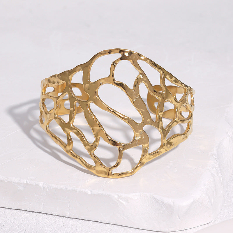 Elegant Minimalist Geometric Gold Plated Stainless Steel Wide Cuff Bracelet for Women