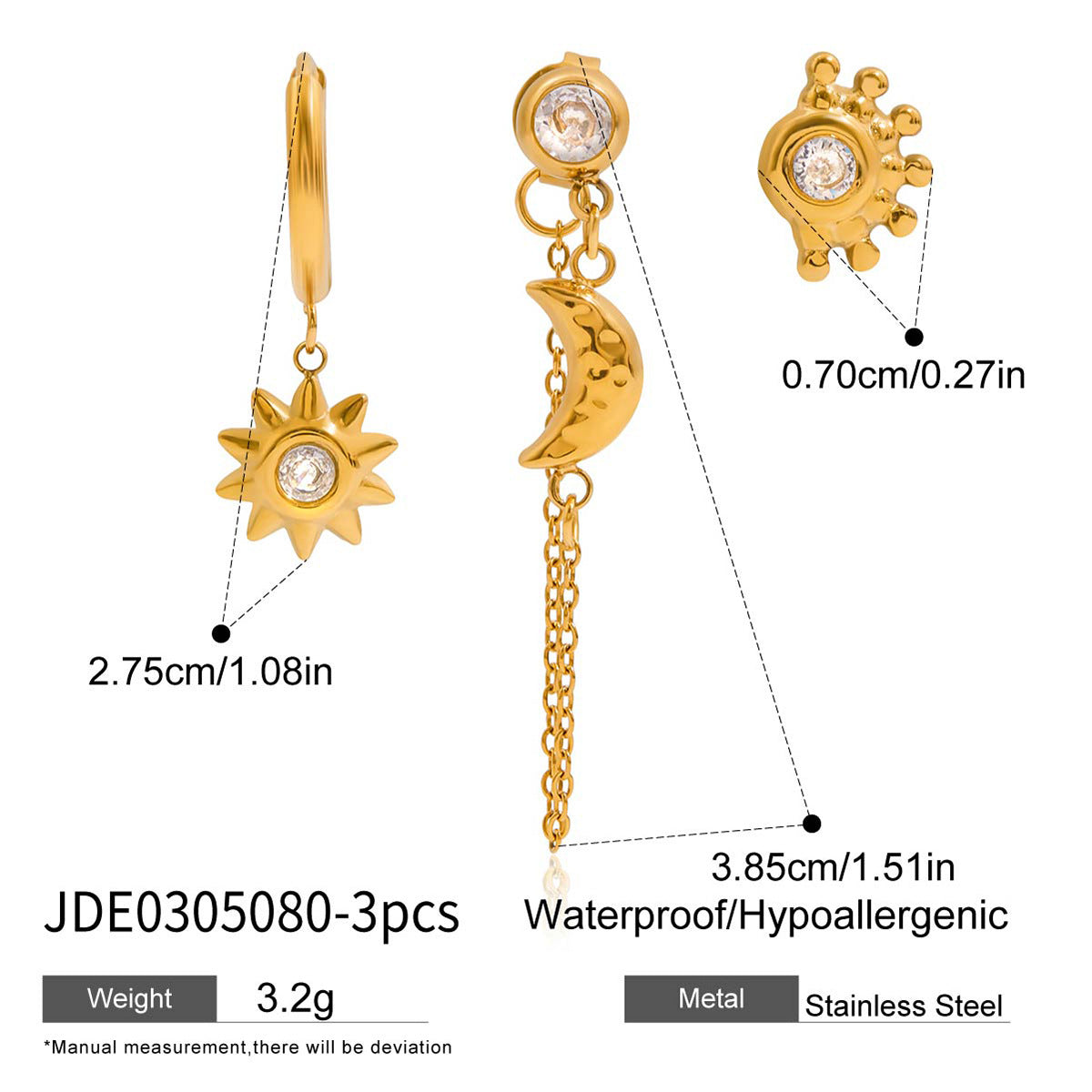 Pendientes de acero inoxidable para mujer con forma de sol geométrica, chapados, hipoalergénicos y resistentes a la decoloración, de lujo