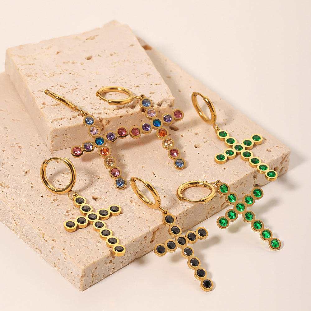 Ins Style Geometric Stainless Steel Cross Stud Earrings with Green Black Colorful or White Zircon Inlay Plated for Women