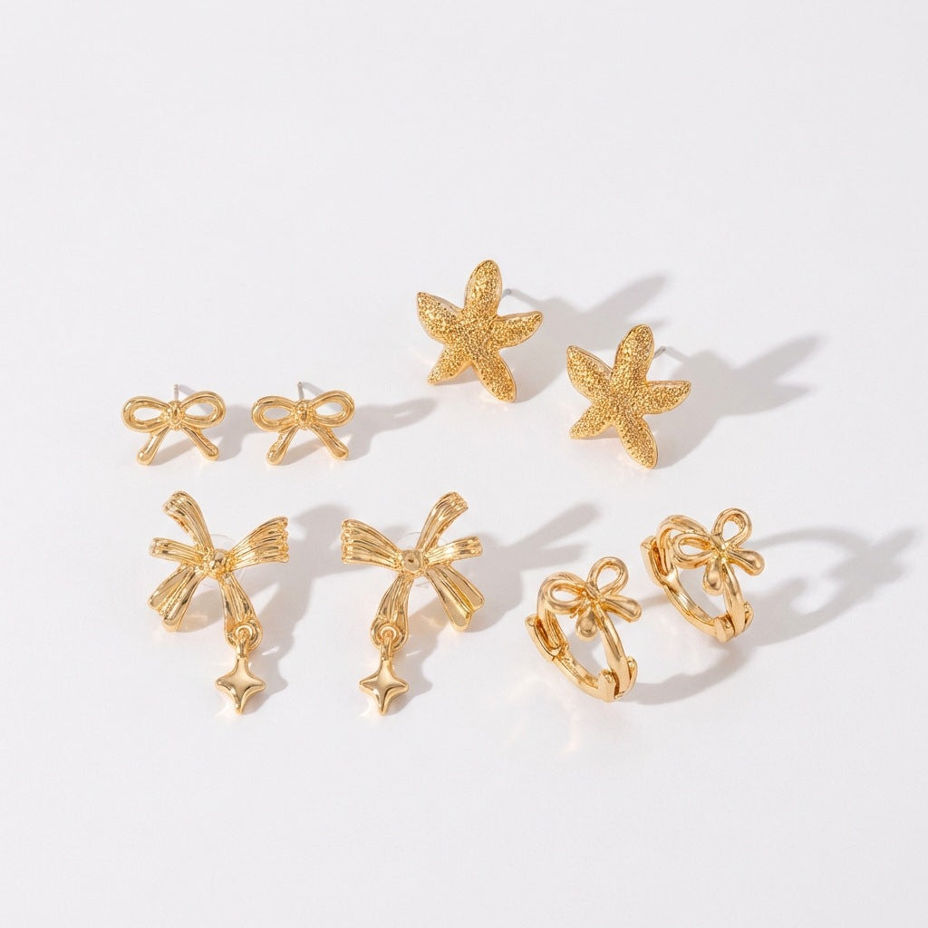 Elegant Alloy Starfish and Pearl Stud Earrings with Shell Elements