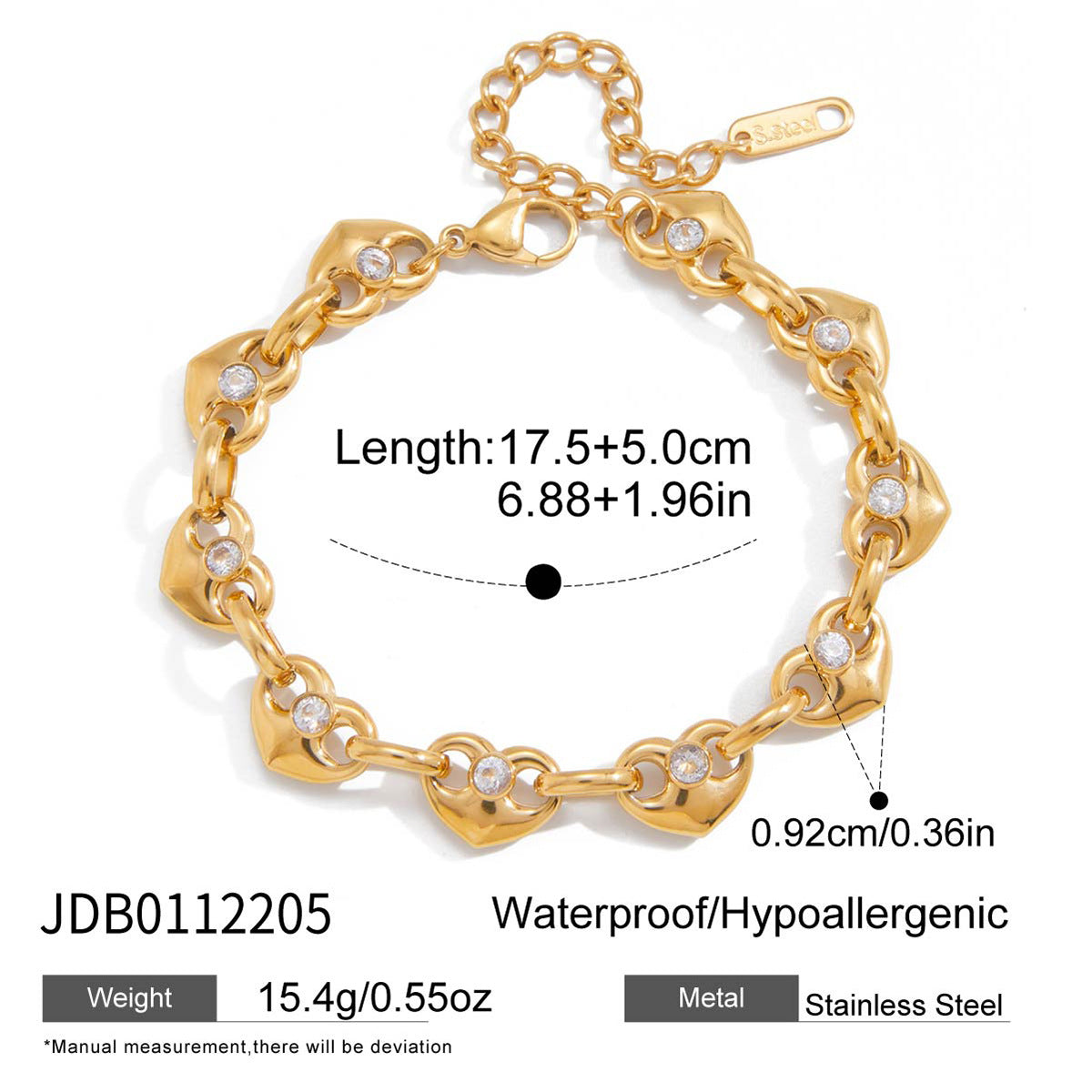 Minimalist Luxury Gold Plated Titanium Steel Heart Geometric Bracelet with Cubic Zirconia for Women