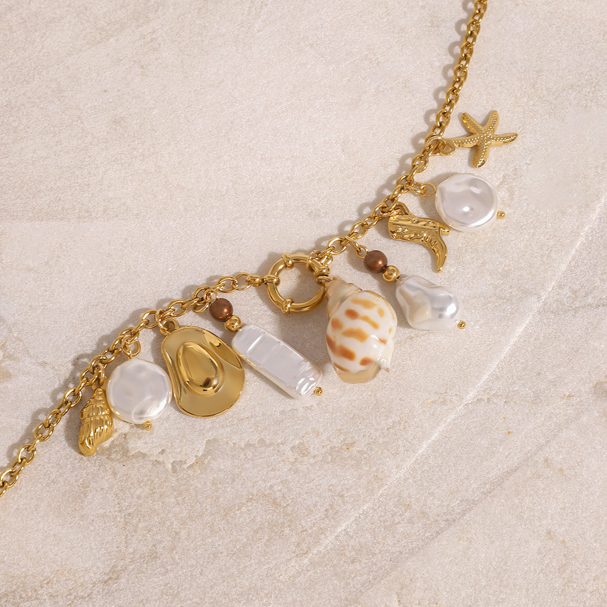 Vacation Style Irregular Pearl Pendant Necklace with Stainless Steel Sailor Clasp and Seashell Star Motifs for Women