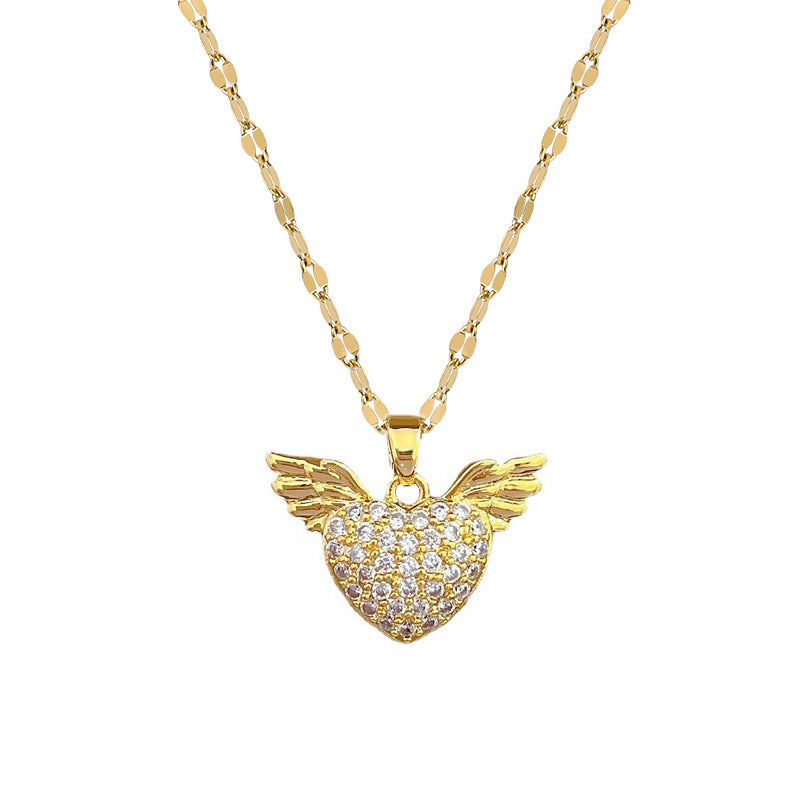 Minimalist Heart and Angel Wing Pendant Necklace in Stainless Steel with Moon Motif for Women and Men