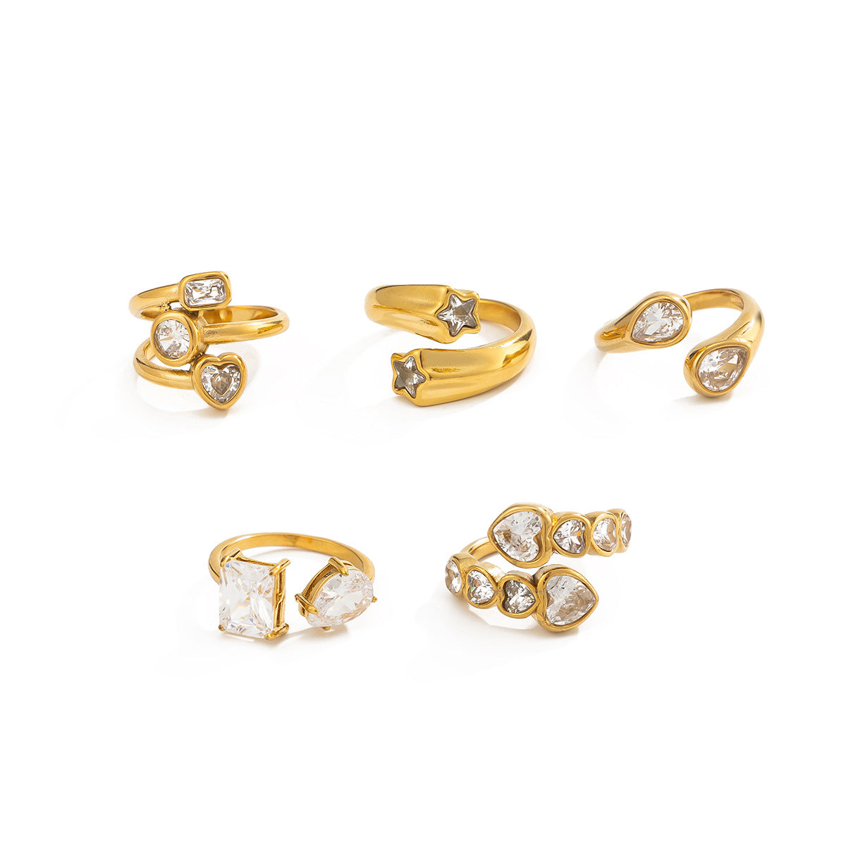 Minimalist Stainless Steel 18K Gold Plated Star Heart Teardrop Cubic Zirconia Ring for Women