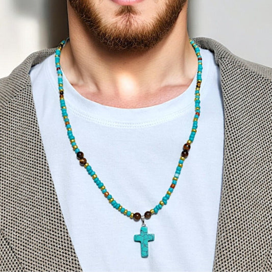 Vintage Ethnic Handmade Turquoise Bull Head Carved Geometric Pendant Necklace with Cable Chain