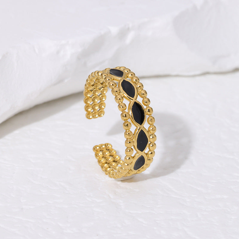 Vintage French-Inspired Geometric Stainless Steel Open Ring with Enamel Finish and 18K Gold Plating for Women