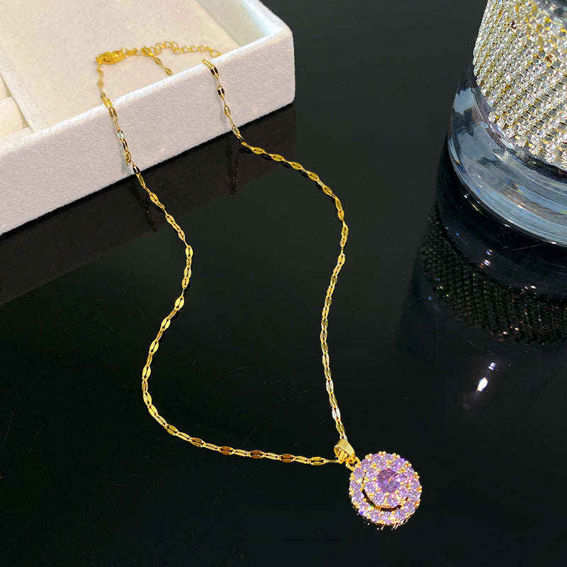 Sweet Sporty Colorful Rotating Cubic Zirconia Geometric Heart Fruit Pendant Titanium Steel Necklace