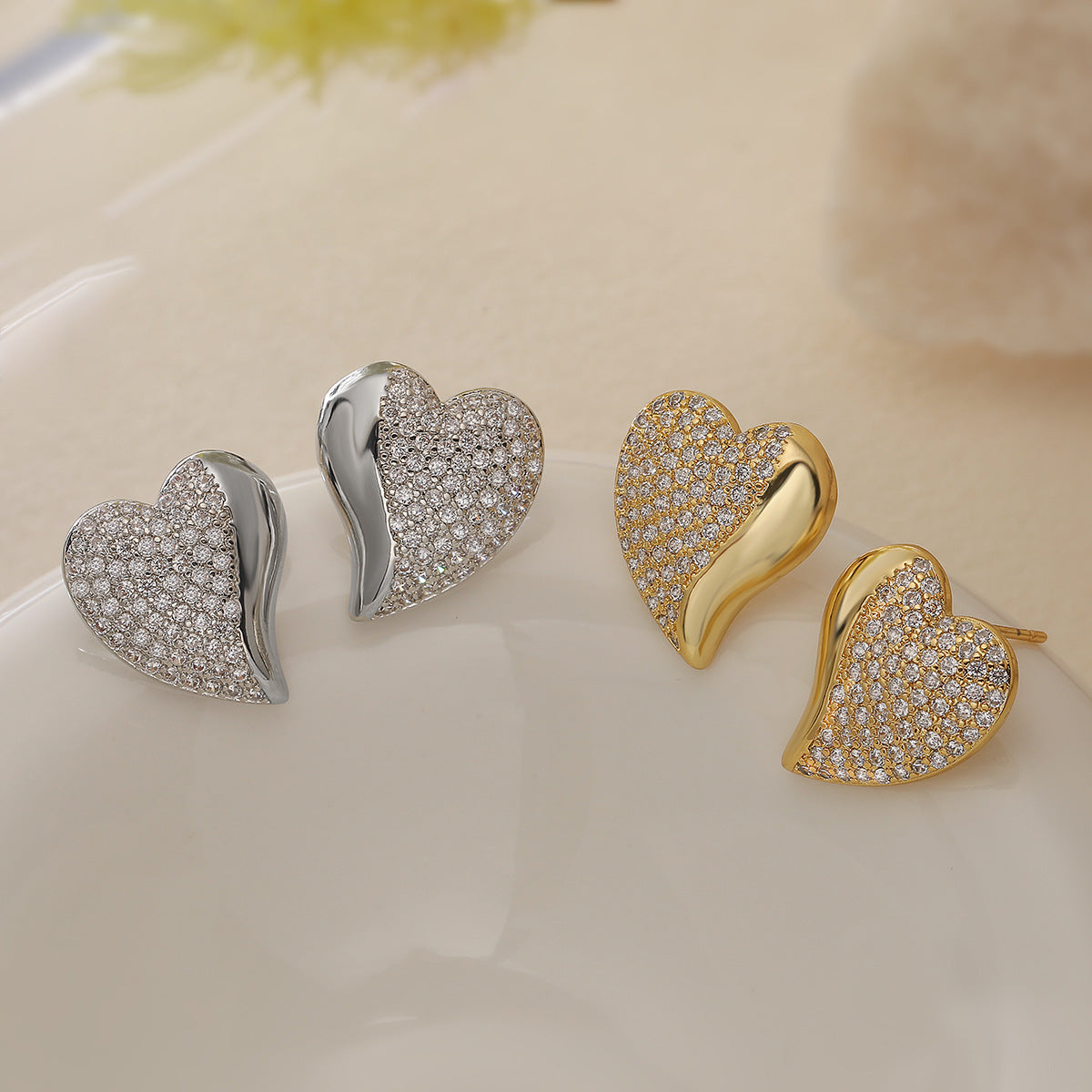 Minimalist Heart-Shaped Copper Earrings with 18K Gold Plating and Micro-Pavé Zirconia for Women