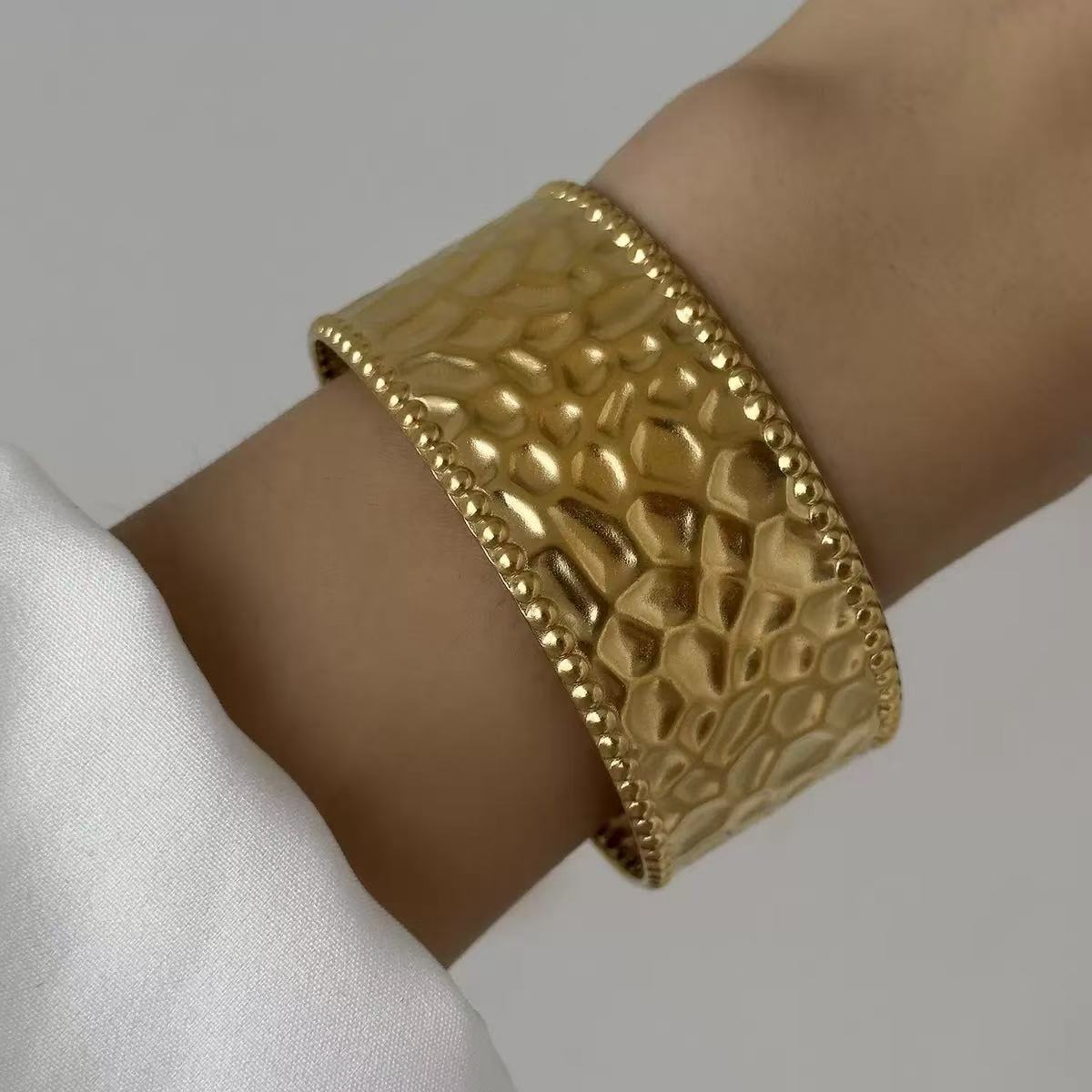 Fashion Geometric Textured Wave Pattern Plated Stainless Steel Wide Open Cuff Bracelet for Women