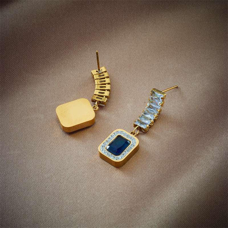 Fashionable Geometric Blue Sapphire Stud Earrings in Titanium Steel with Rhinestone Inlay and Plated Finish