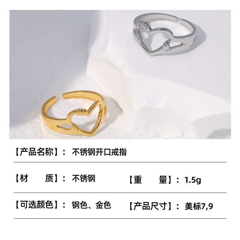 Cute Heart-Shaped Titanium Steel Adjustable Ring for Women with Plated Finish Minimalist Instagram Style Fashion Jewelry