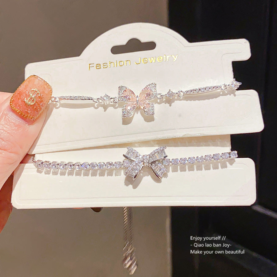 Vintage Sweet Butterfly Brass Bracelet with Cubic Zirconia Inlay for Women