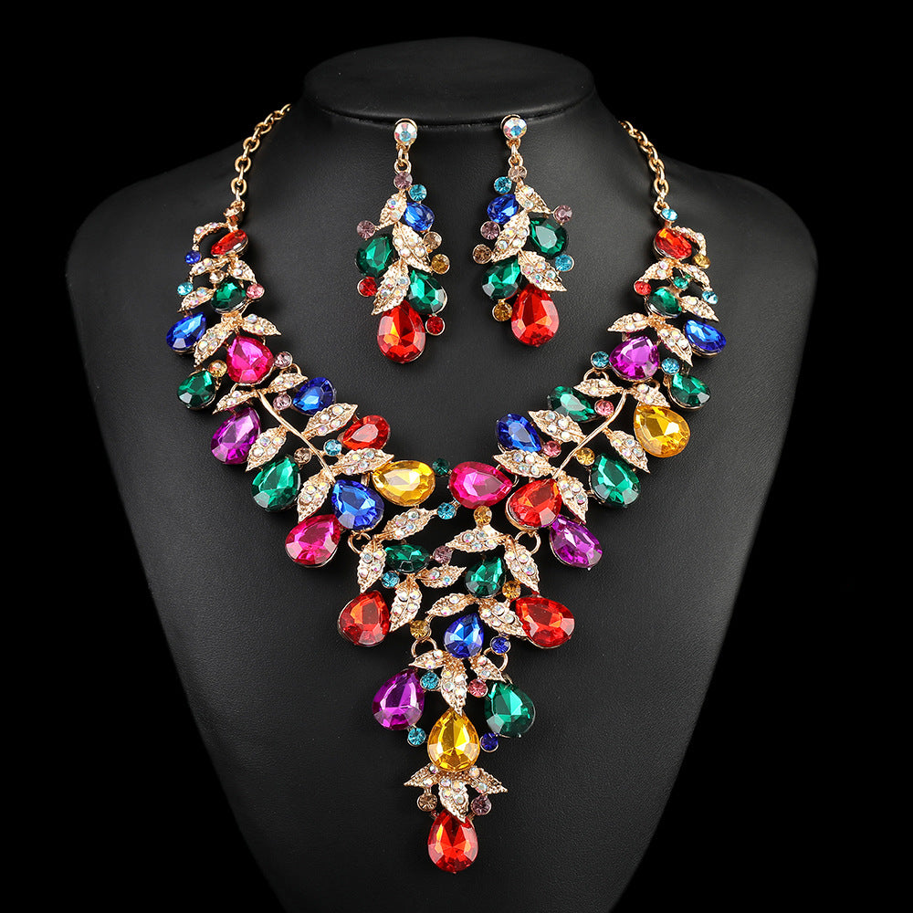 Vintage Floral Alloy Pendant Necklace Set with O-Chain, Rhinestone-Inlaid Leaf and Lotus Pod Motifs for Women