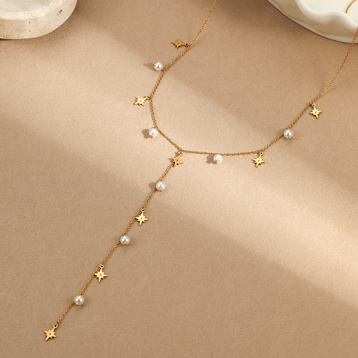 Elegante collana a Y con pendente geometrico in acciaio inossidabile con placcatura in oro 18 carati e dettaglio nappa, stile OL