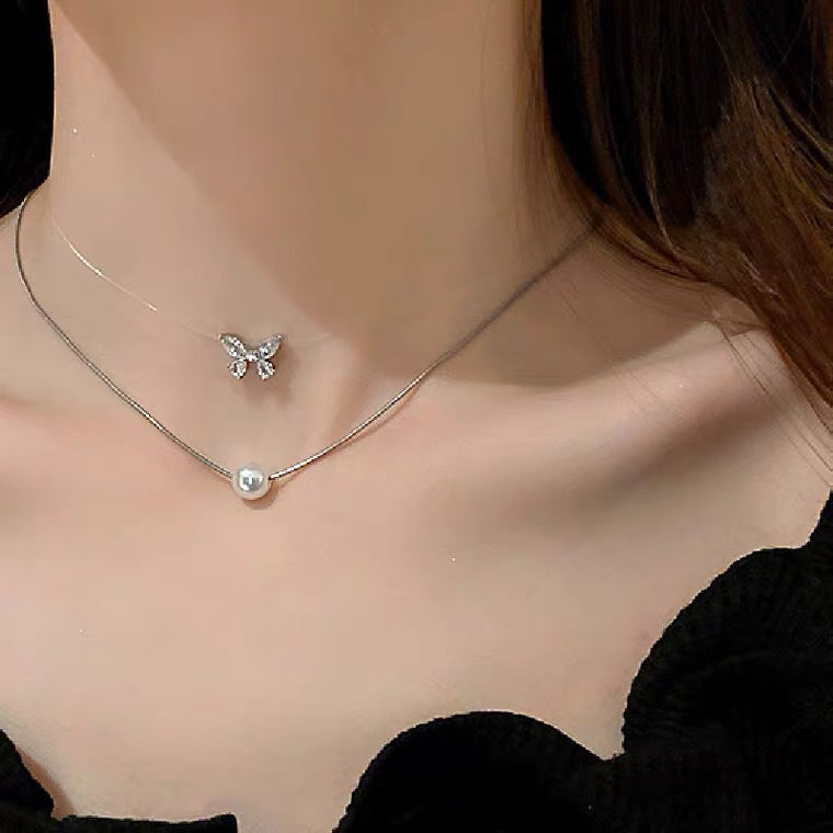 Elegant French-Style Double-Layer Butterfly Pendant Necklace for Women Titanium Steel with Gold Plating Geometric Design Locket Chain on Invisible Fishing Line