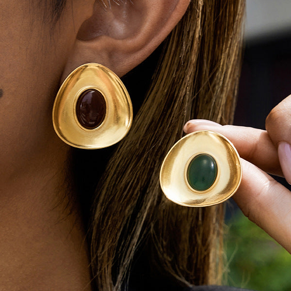 Luxury Elegant Geometric Hazelnut Resin Stainless Steel Stud Earrings PVD Plated