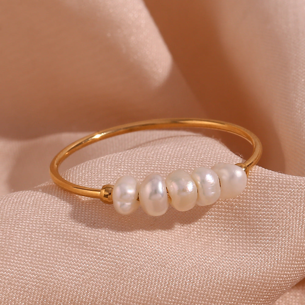 Minimalist Geometric Stainless Steel Plated 18K Gold Fine Freshwater Pearl Ring for Women
