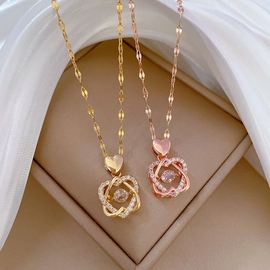 Luxury Sweet Geometric Heart Pendant Necklace Titanium Steel Chain Rhinestone Inlay