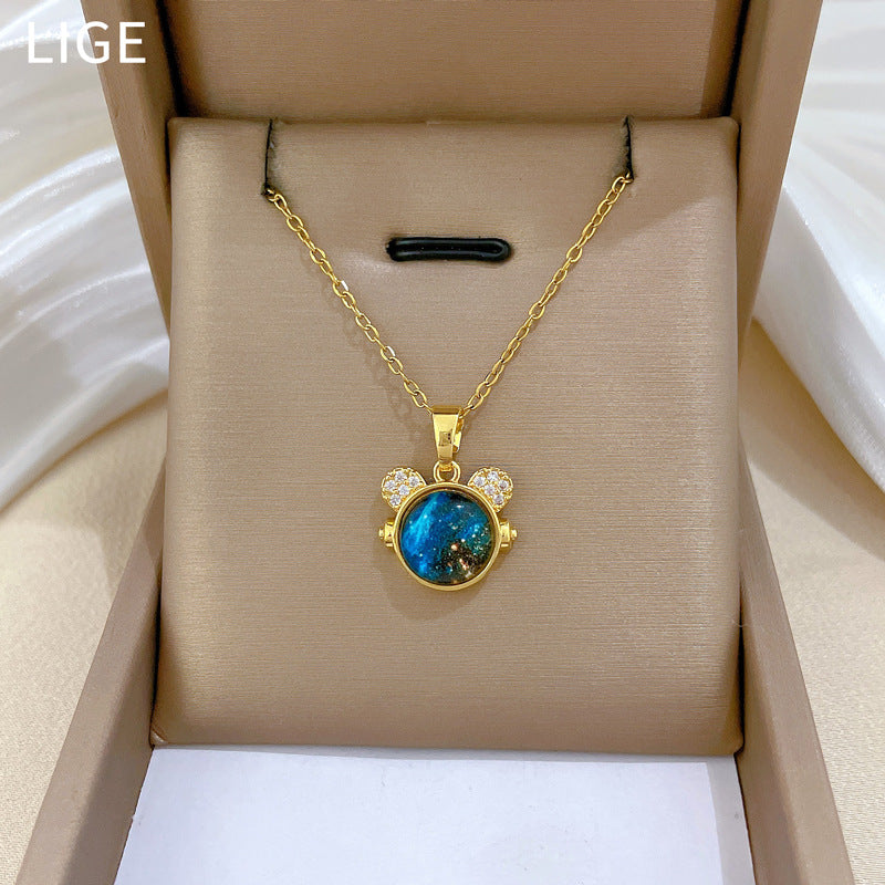 Cartoon Style Starry Sky Cat Pendant Necklace for Women Stainless Steel Delicate Clavicle Chain with Moon Motif