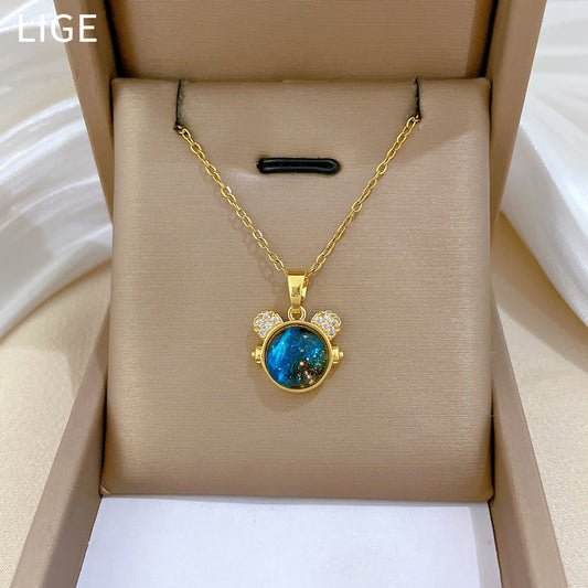 Cartoon Style Starry Sky Cat Pendant Necklace for Women Stainless Steel Delicate Clavicle Chain with Moon Motif