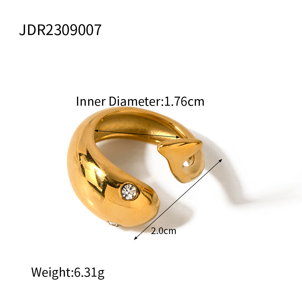 Anillo de acero de titanio geométrico ajustable con forma de pez estilo INS con chapado en oro de 18 quilates