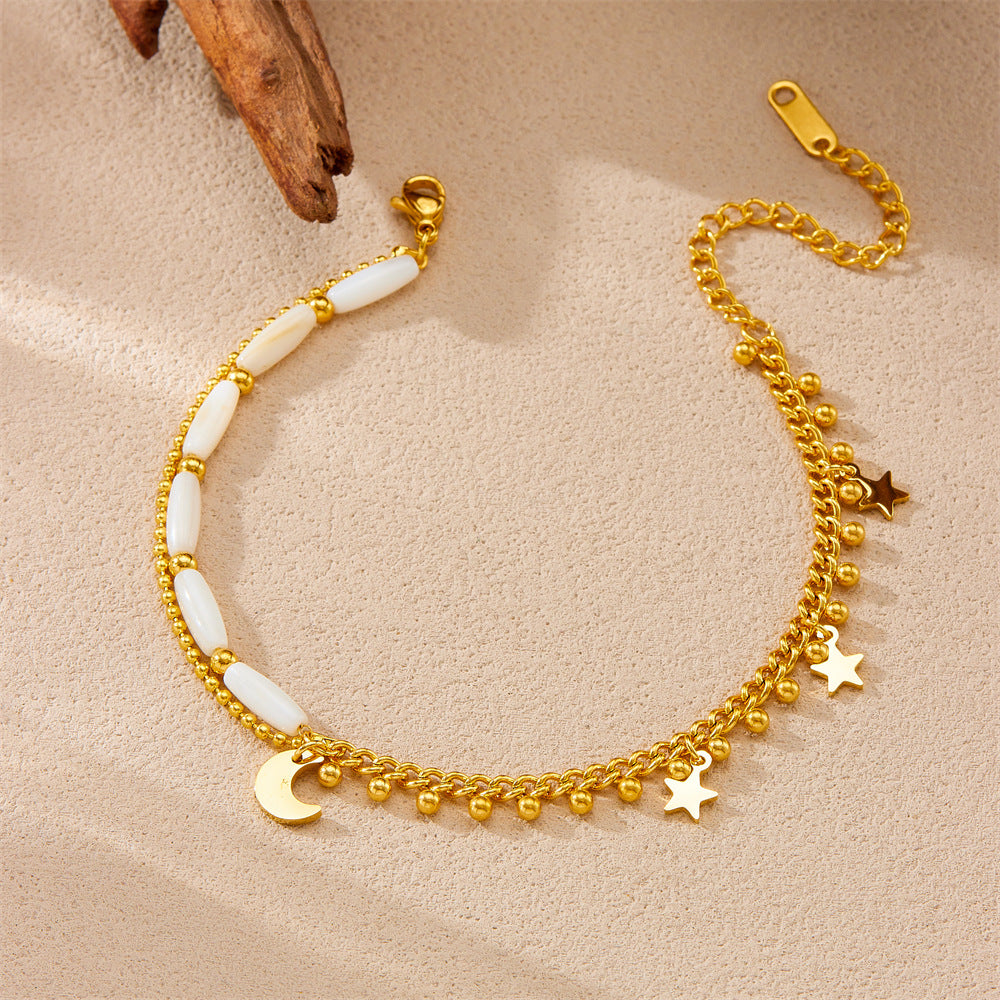 Rustic Style Star and Moon Shaped Gold-Plated Stainless Steel Anklet with Beaded Double Chain for Women