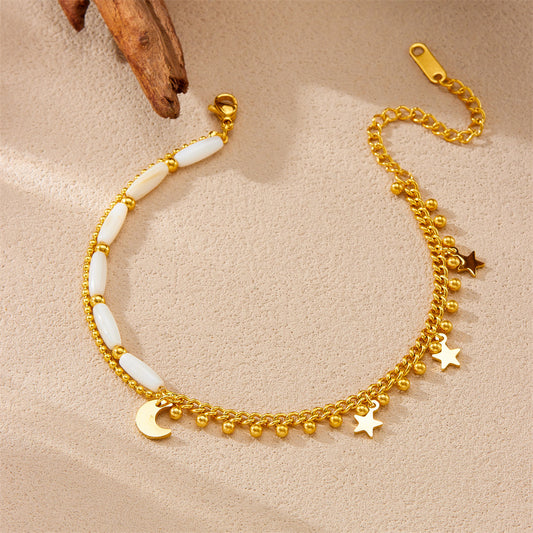 Tobillera rústica de acero inoxidable con baño de oro, diseño de estrella y luna, con doble cadena de cuentas para mujer