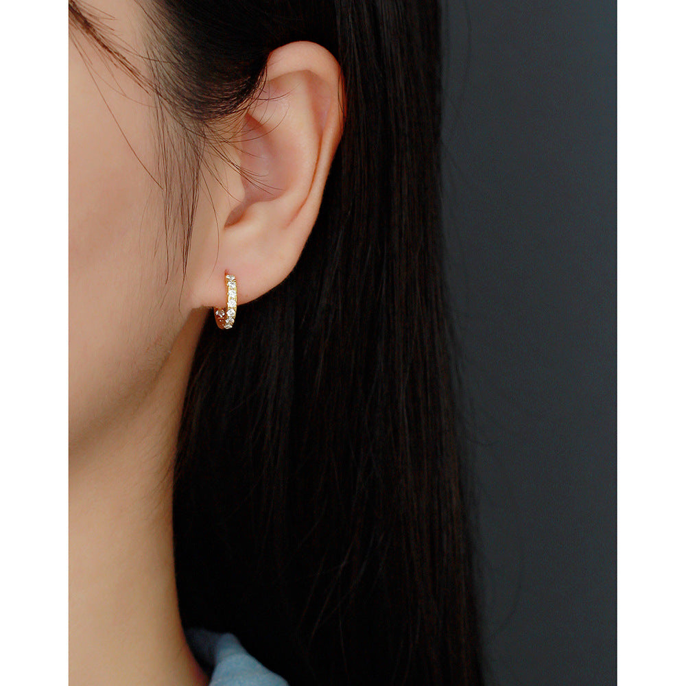 Orecchini rotondi minimalisti in argento sterling S925 con strass per donna - YHE0178