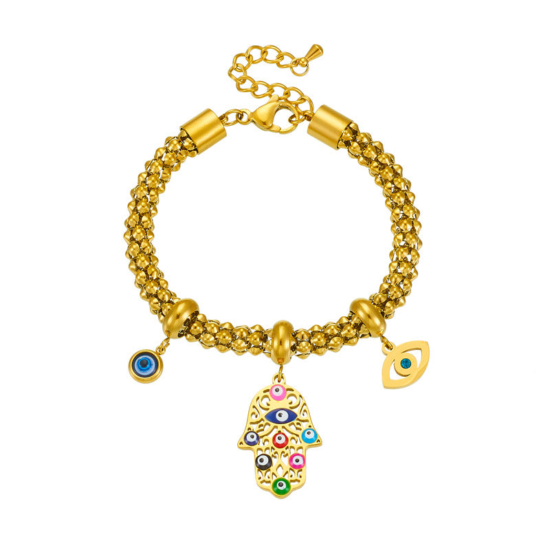 Vintage-Style Gold-Plated Stainless Steel Enamel Evil Eye Hand Charm Bracelet for Women