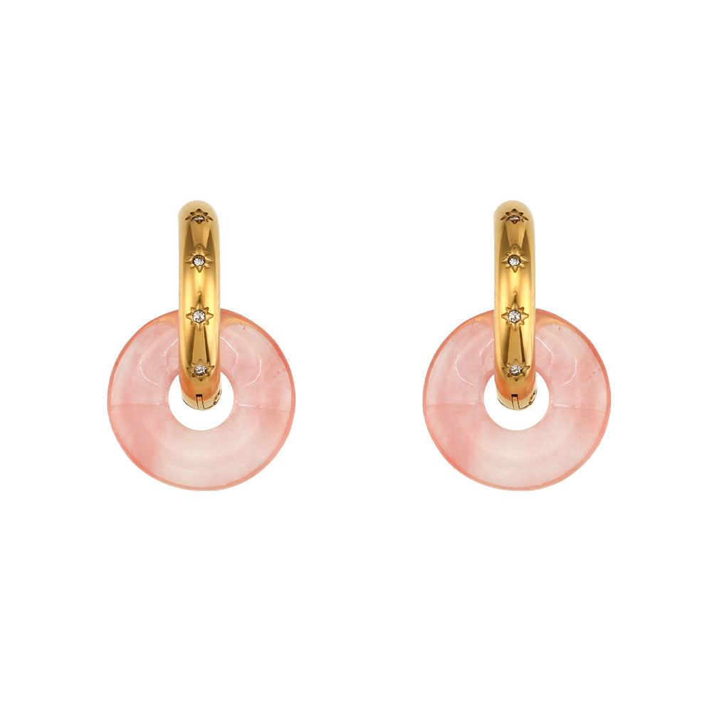 Vintage-Inspired Geometric Stainless Steel Earrings with 18K Gold Plating and Natural Sunstone Cat's Eye Accents for Women