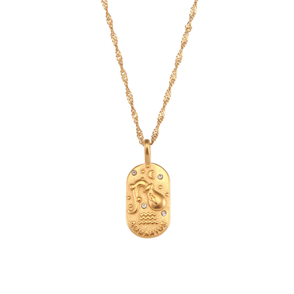 Collana con Pendente Zodiacale Retrò Minimalista in Acciaio Inossidabile con Intarsio di Strass da Donna