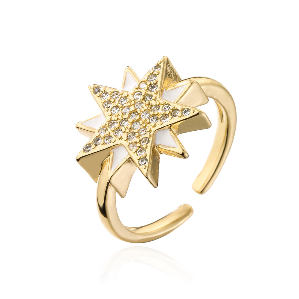 Cartoon Style Geometric Open Star Ring for Women in Copper with 18K Gold Plating and Cubic Zirconia Inlay