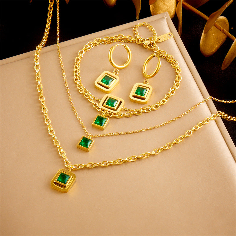 Vintage Luxury Fashion Stainless Steel Plated Square Chain Necklace Earrings Bracelet Set