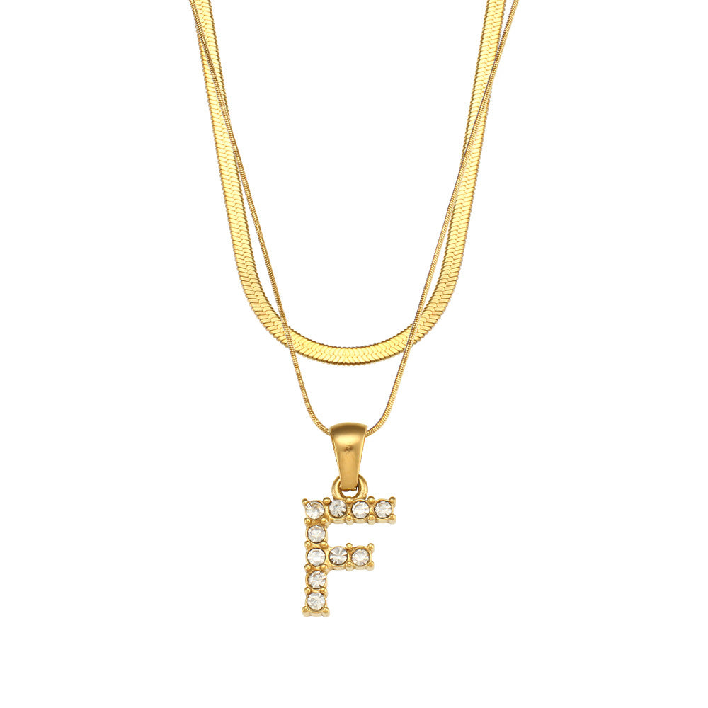 Fashionable Minimalist Letter Pendant Necklace in Stainless Steel with 18K Gold Plating and Cubic Zirconia on Double Snake Chain for Women