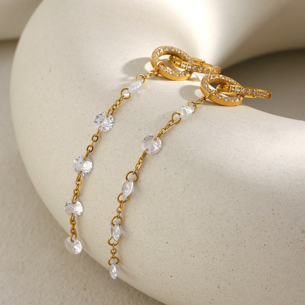 Minimalist Geometric Stainless Steel Earrings with 18K Gold Plating and Zircon Long Fringe for Women