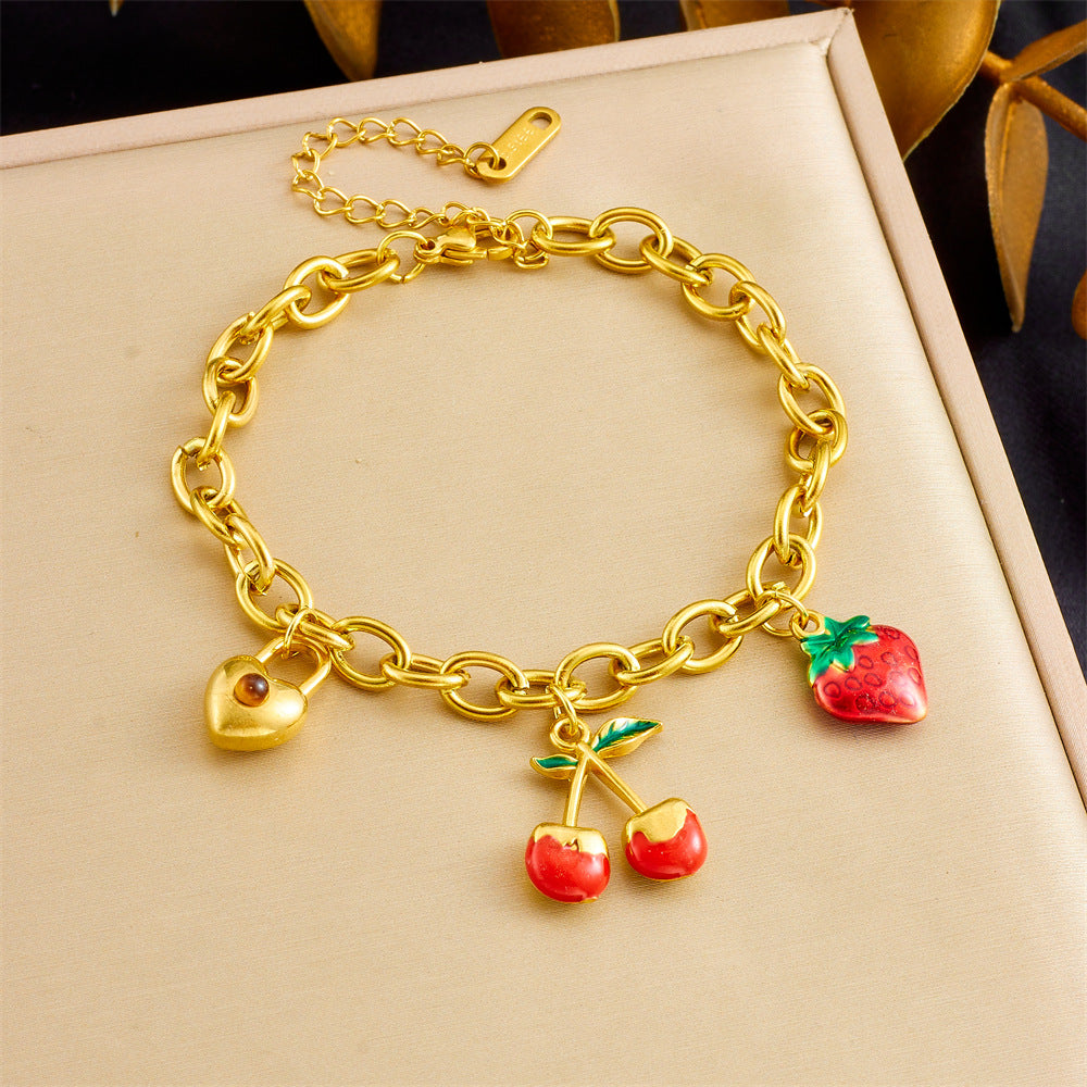 Sweet Gold Plated Stainless Steel Cherry Strawberry Pendant Bracelet