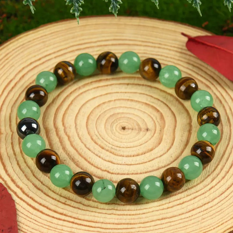 Geometric Natural Obsidian Tiger Eye Green Aventurine Agate Bracelet Unisex 8mm Elastic Cord Handmade