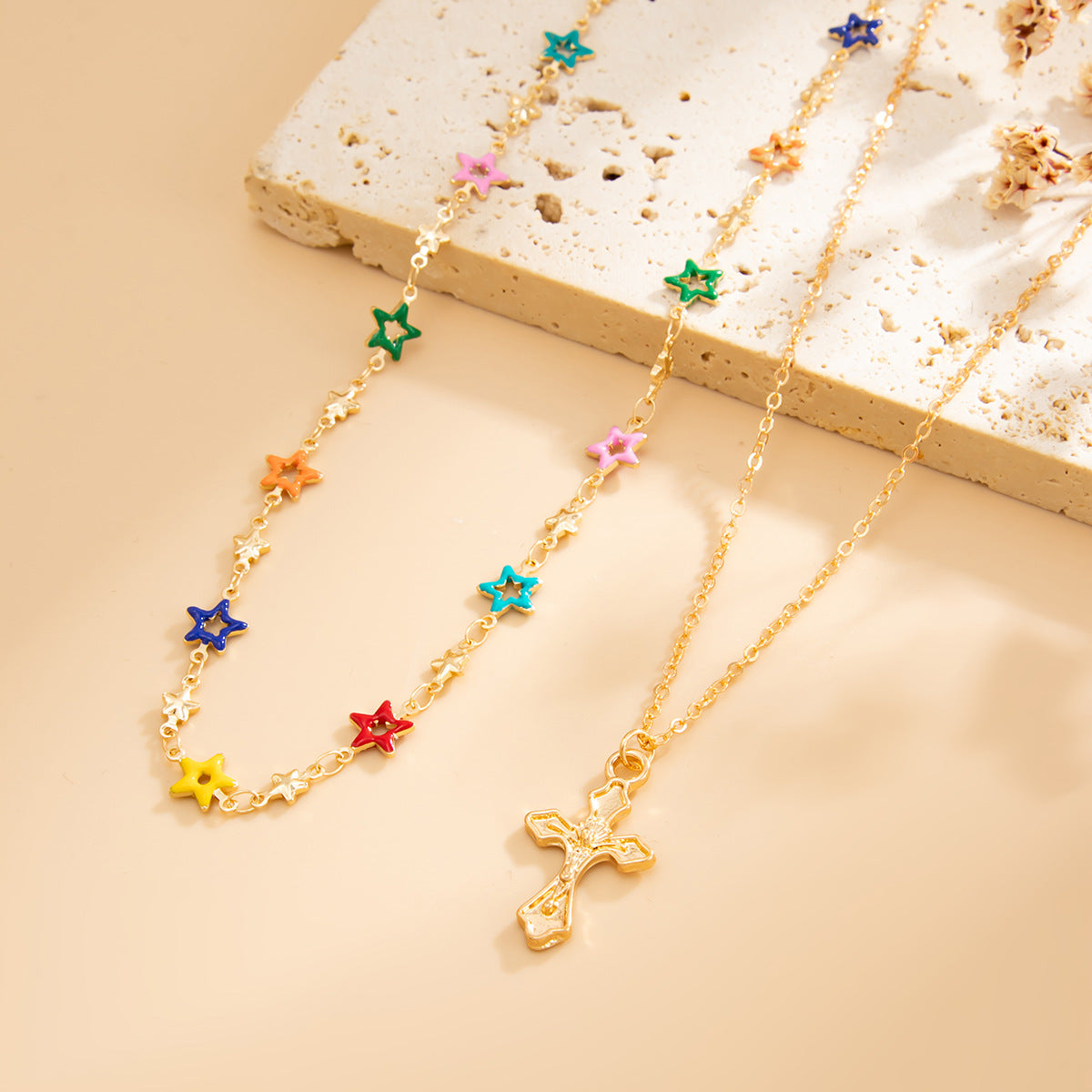Minimalist Star-Shaped Alloy Pendant Necklace with Cross Motif for Women, Electroplated Locket Chain Jewelry