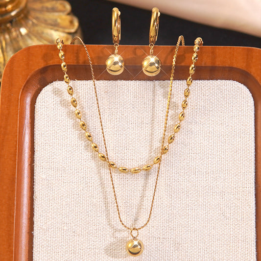 Minimalist Geometric 18K Gold Plated Stainless Steel Double Layer Ball Chain Necklace and Earring Set for Women
