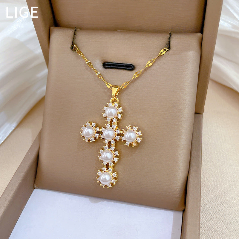 Sweet Pearl Rhinestone Cross Titanium Steel Necklace for Unisex