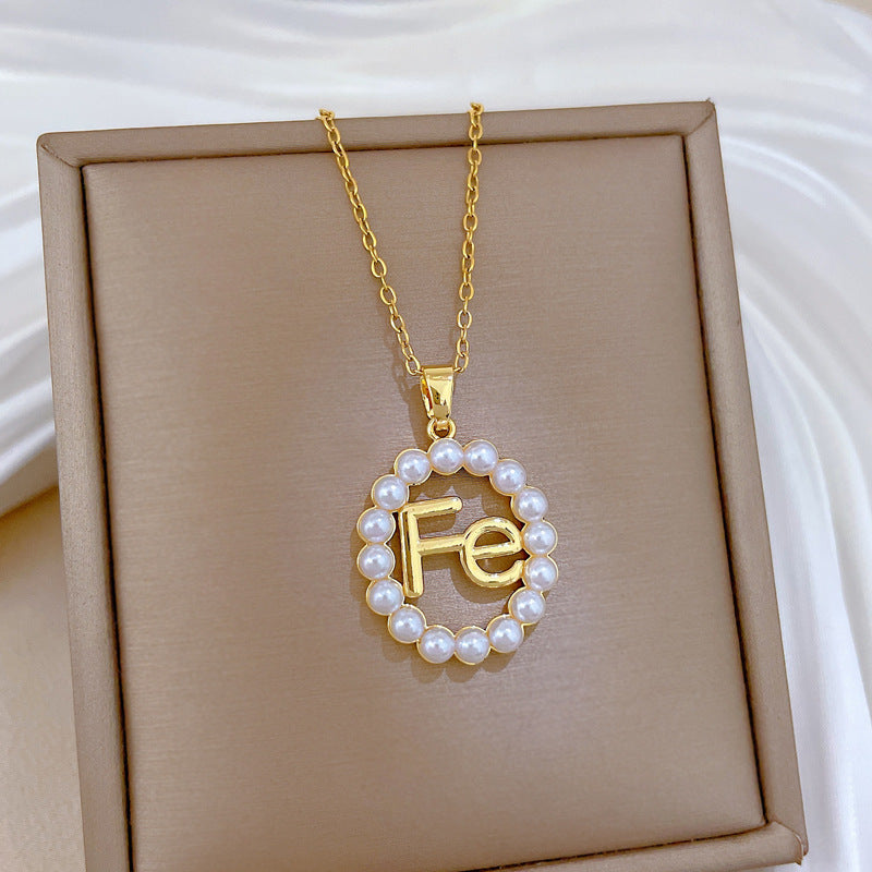 Sweet Geometric Moon Hollow Pearl Rhinestone Pendant Necklace Titanium Steel Cable Chain for Unisex