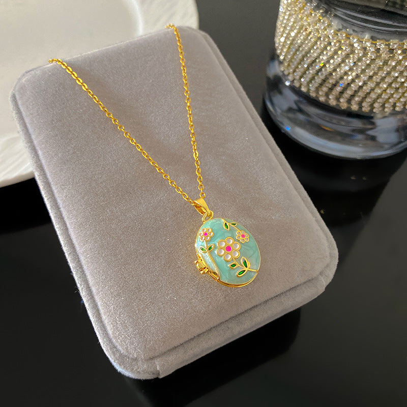 Vintage Drip Oil Floral Heart Oval Pendant Gold Plated Brass Necklace for Women